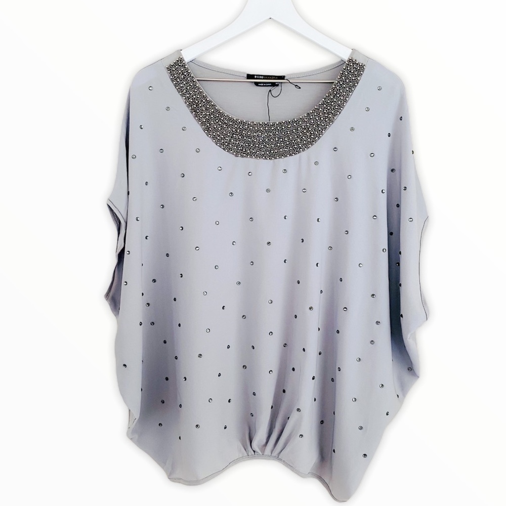 BCBG MaxAzria Gray‎ Silver Stud & Beaded Cocoon Blouse Size Medium